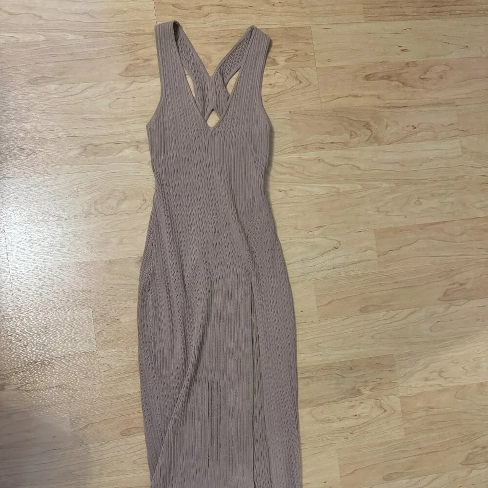 Ribbed V-Neck Tank Midi Dress with High Slit - Tan - Picture 3 of 5